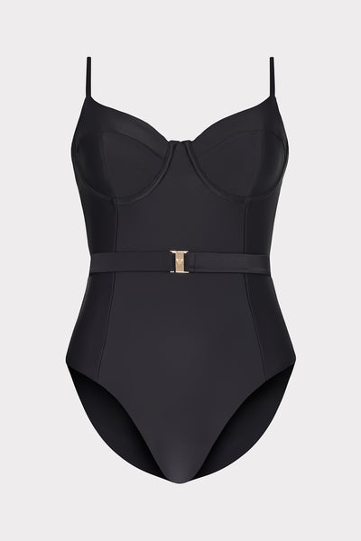 Solid Belted Spaghetti Strap One-Piece Swimsuit in Black | MILLY
