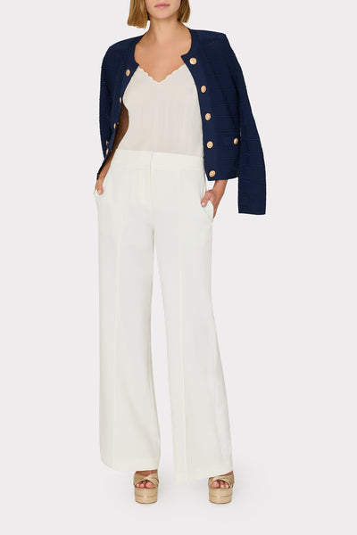 Pointelle Textured Knit Jacket with Gold Buttons in Navy Blue | MILLY