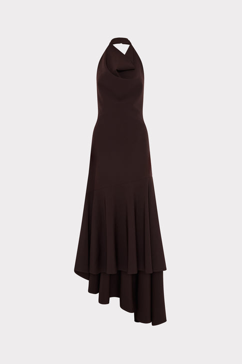 Dark Chocolate Cady Halter Midi Dress - Front View, Asymmetric Tiered Hem | MILLY