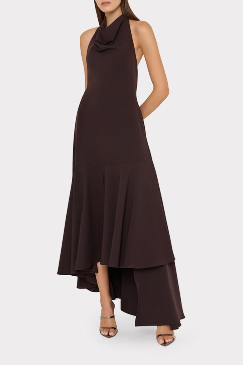 Dark Chocolate Cady Halter Dress On Model, Elegant Cowl Neck, Tiered Asymmetric Hem - Front View | MILLY