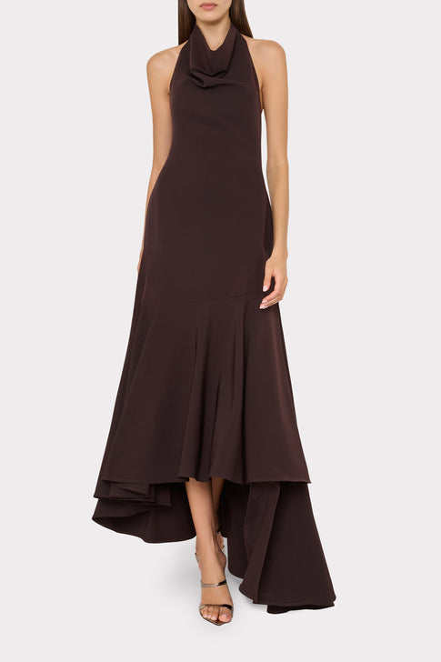 Dark Chocolate Cady Halter Dress On Model, Dramatic Asymmetric Skirt - Front Three-Quarter View | MILLY