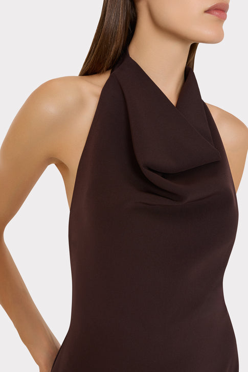 Dark Chocolate Cady Halter Dress - Elegant Draped Cowl Neck Detail Close-Up | MILLY