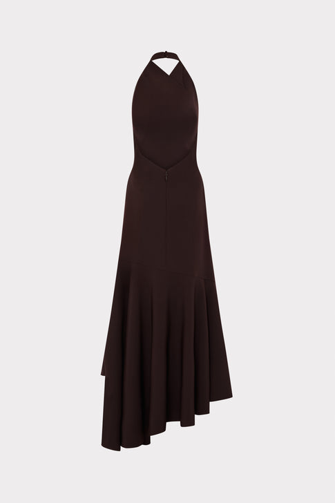 Dark Chocolate Cady Designer Halter Dress - Back View, Open Back with Center Zip | MILLY