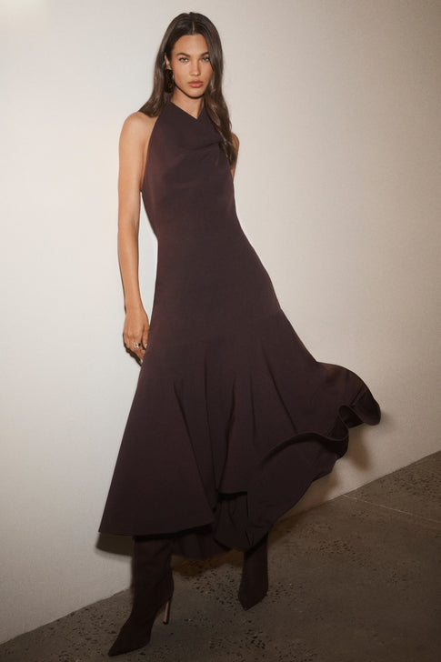 Dark Chocolate Cady Halter Dress - Elegant Campaign Shot, Model in Motion | MILLY