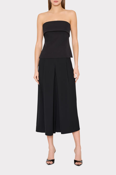 Black Elegant Cady Top and Wide-Leg Pants Set - Full Front View | MILLY