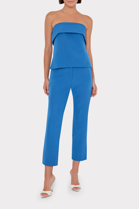 Model wearing classic blue strapless top and pants in elegant designer set | MILLY