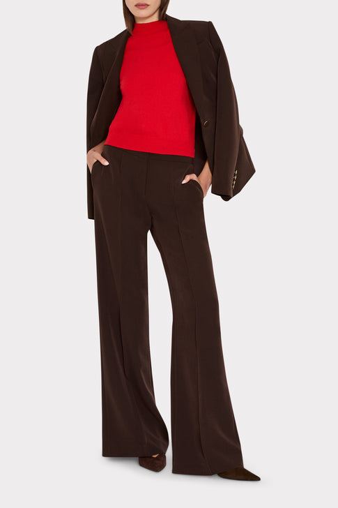 Brown Cady Wide-Leg Pants On Model, Styled with Blazer - Full Length | MILLY
