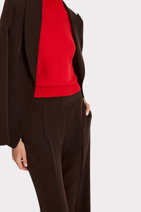 Brown Cady Wide-Leg Pants - Waistband & Seam Close-Up Detail | MILLY