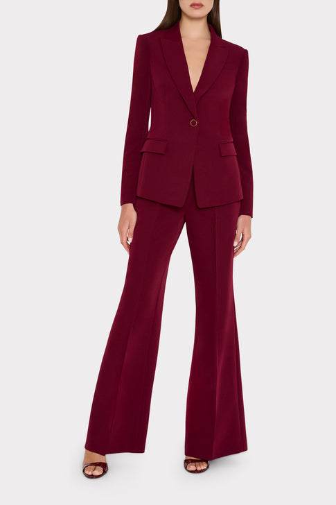 Burgundy Nash Cady Wide-Leg Pants On Model, Styled with Matching Blazer - Full Front View | MILLY