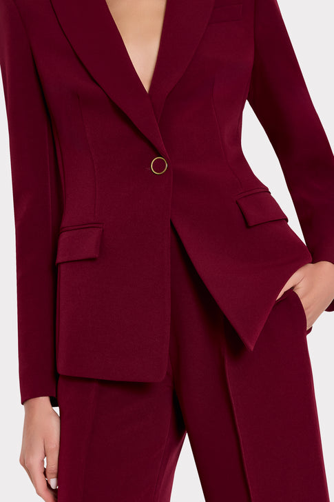Burgundy Cady Suit Close-Up, Gold Ring Button & Flap Pocket Detail on Designer Blazer | MILLY