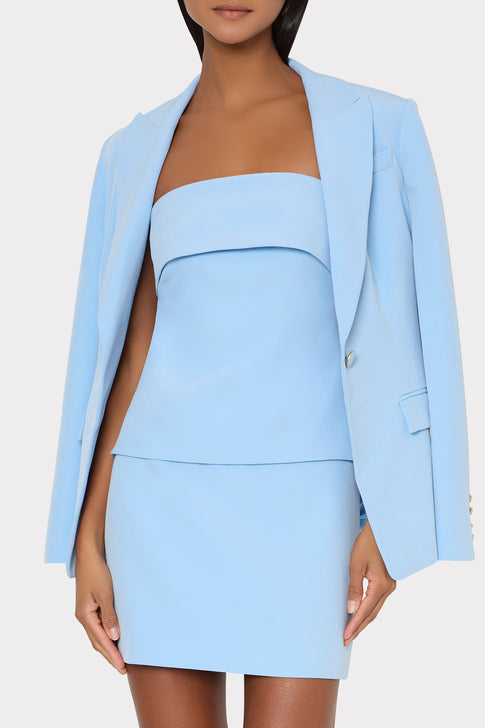 Light blue cady blazer with matching strapless top and mini skirt set | MILLY