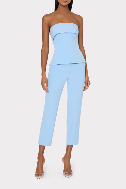 Woman wearing light blue strapless top and Nicola Cady pants - Full Body View | MILLY