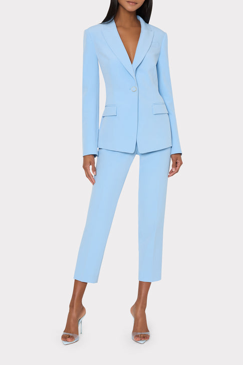 Light blue designer suit worn by model - Front View | MILLY