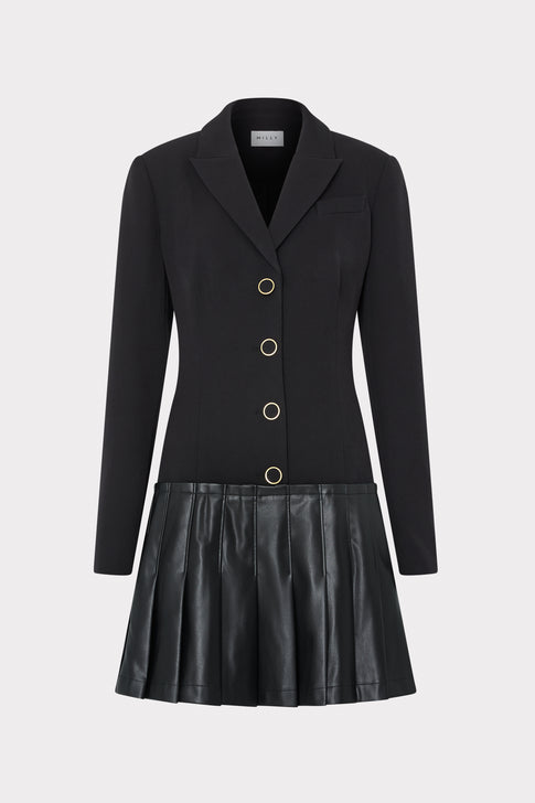 Black Cady Faux Leather Pleated Blazer Dress - Flat Front View | MILLY