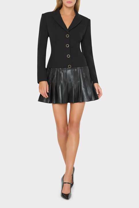 Black Designer Blazer Mini Dress with Gold Ring Buttons - On Model Front | MILLY