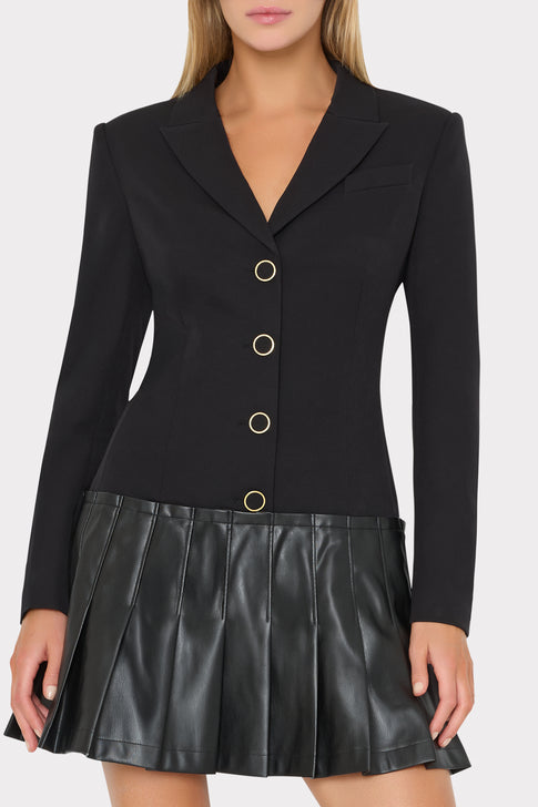 Black Cady Pleated Blazer Dress Gold Button Cuffs - On Model Bodice Detail | MILLY