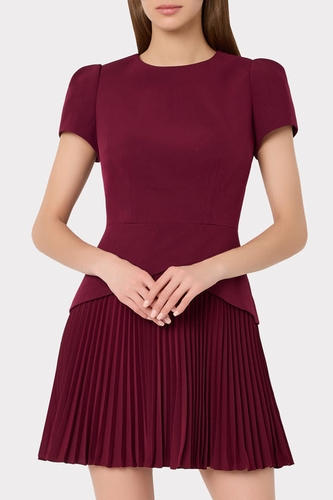 Burgundy Haddy Short Sleeve Pleated Mini Dress - Close-Up Bodice & V-Waist Detail, Elegant Designer Dress | MILLY