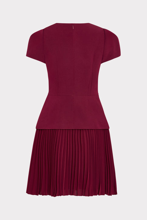 Burgundy Elegant Pleated Mini Dress - Back View with Center Zip Detail, Signature Pleated Chiffon Skirt | MILLY