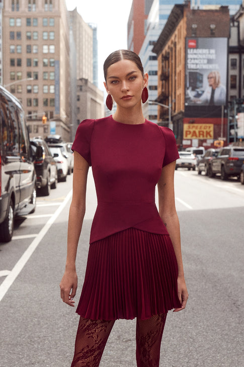 burgundy pleated mini dress timeless feel Style:Dress B Long sleeve Floral Lace Appliqu�� Elegant Black and White