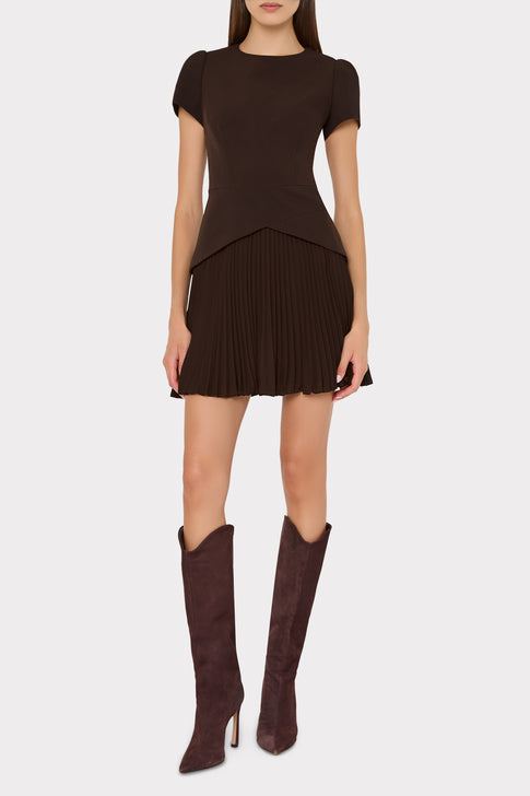 Dark Brown Haddy Pleated Mini Dress - On Model Full Length, Styled with Boots | MILLY