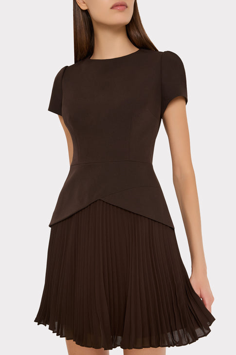 Dark Brown Haddy Pleated Mini Dress - On Model Bodice Close-Up Detail | MILLY