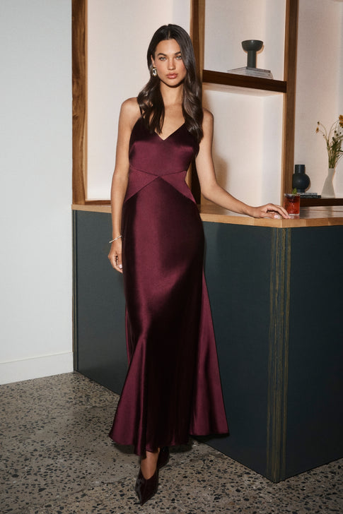 Burgundy Satin Nyssa Maxi Dress - Campaign Styled Look, Elegant Evening Gown | MILLY