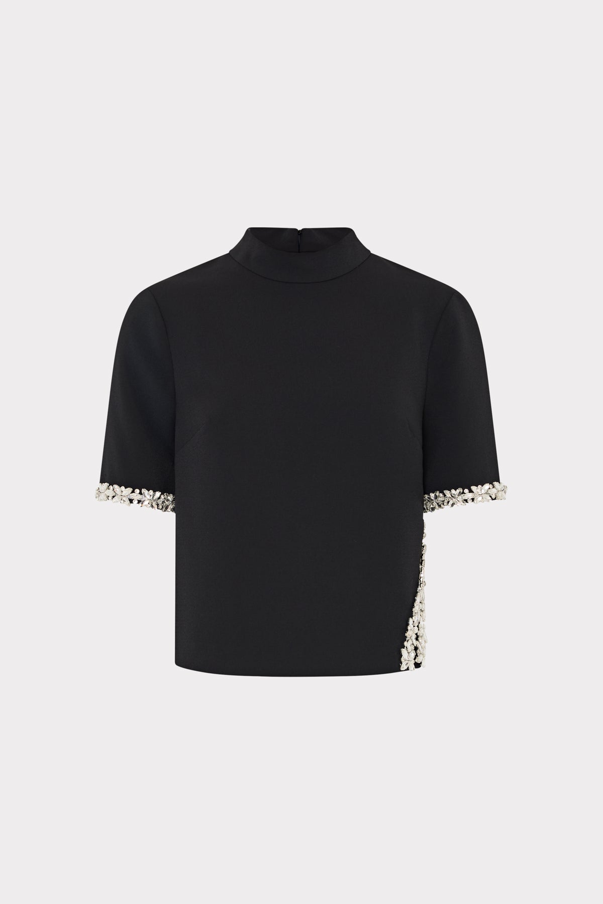 Black mockneck top with sequin trim on a white background
