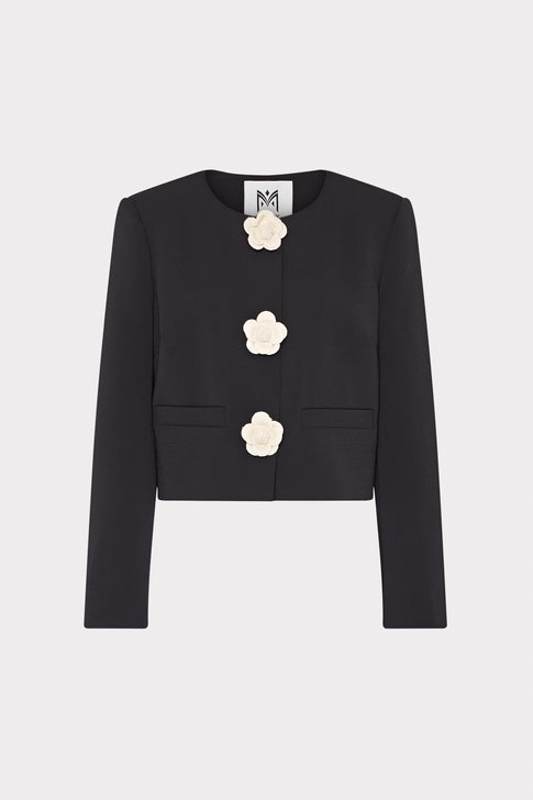 Black Selena Applique Cropped Jacket with sculptural floral buttons - Flat Lay | MILLY
