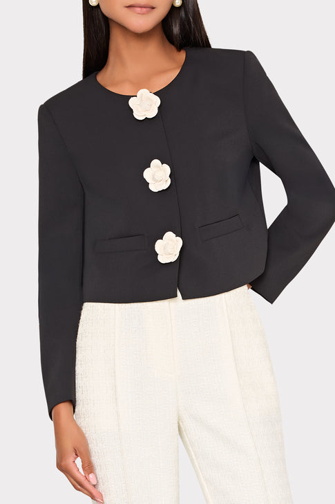 Black Selena Applique Cropped Jacket with white floral buttons - Close-up Detail | MILLY