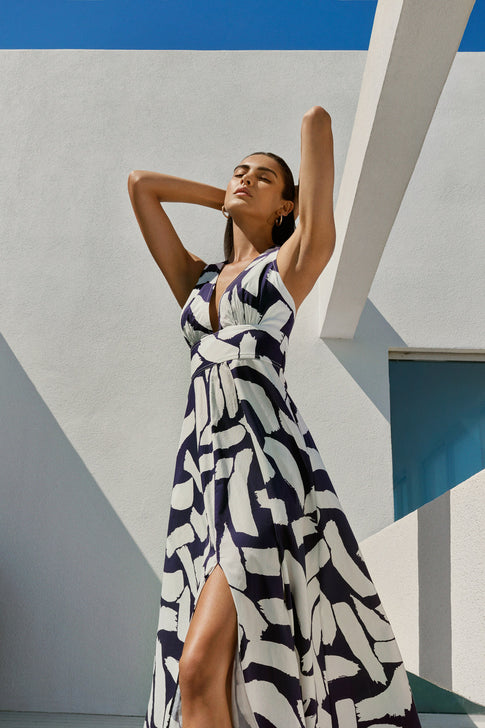 Catarina Graphic Brushstroke Maxi Dress Navy/Ecru Image 6 of 6