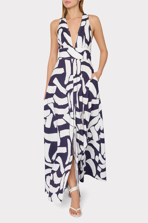 Catarina Graphic Brushstroke Maxi Dress Navy/Ecru Image 3 of 6