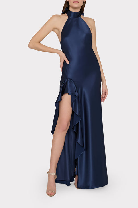 Roux Hammered Satin Gown Navy Image 2 of 4