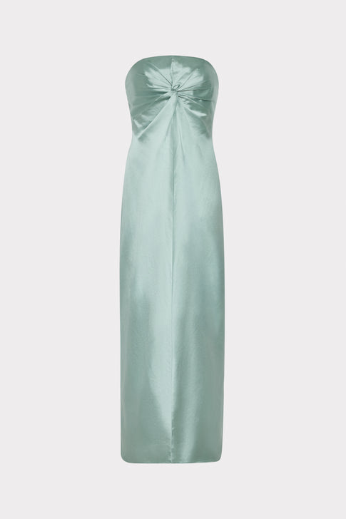 Sage Satin Maxi Dress with Twist Detail - Front View | MILLY