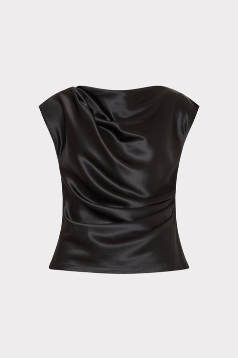 Black Hammered Satin Draped Top with Ruching - Front View | MILLY