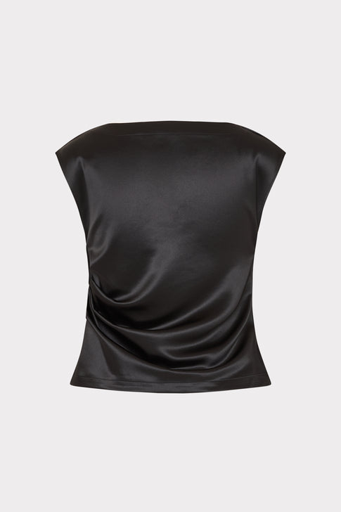 Black Hammered Satin Top with Side Ruching - Back View | MILLY
