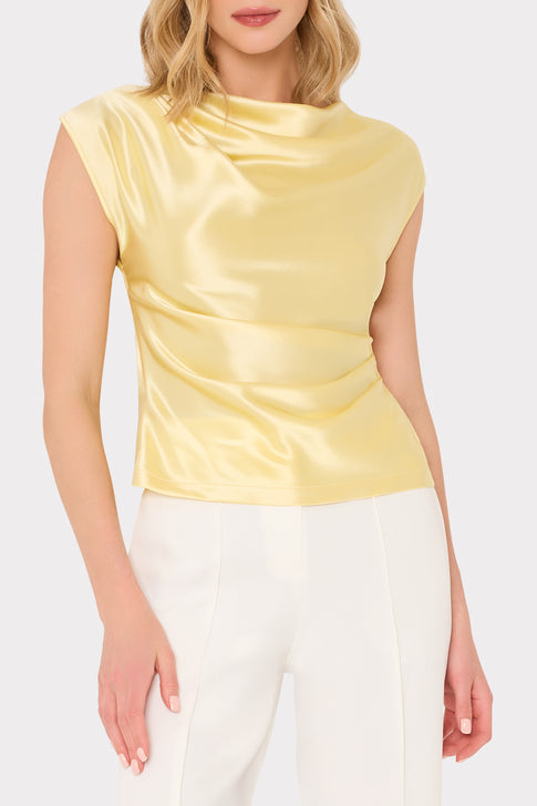 Elegant gold cap sleeve top with unique draping - Close-Up Detail | MILLY