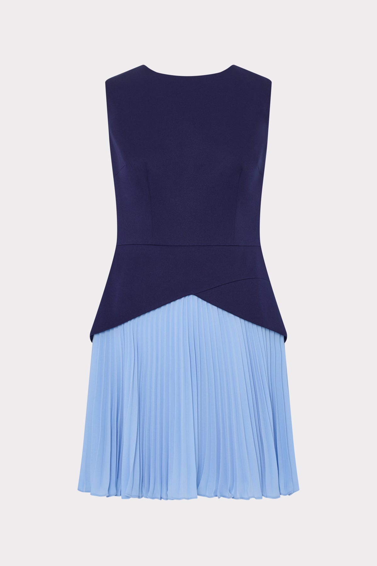 Navy blue top with a light blue pleated skirt on a white background