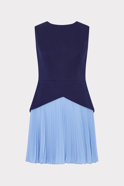 Navy Blue MILLY Haddy Pleated Mini Dress with Light Blue Skirt - Flat Lay | MILLY