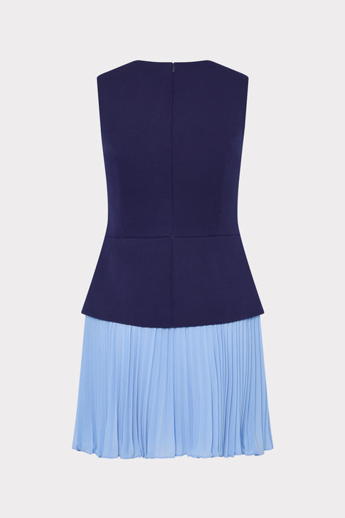 Navy MILLY Haddy Two-Tone Pleated Mini Dress with Light Blue Skirt - Back View | MILLY