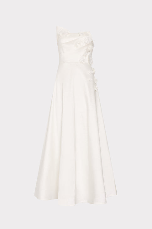 White Taffeta Strapless Dress with Floral Embroidery - Full Length View | MILLY