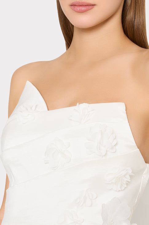 White Taffeta Strapless Bodice with Floral Embroidery - Bust Detail | MILLY