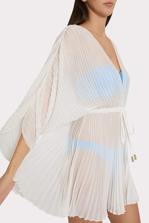 White Pleated Chiffon Cover-Up - Side Detail with Tie Belt | MILLY