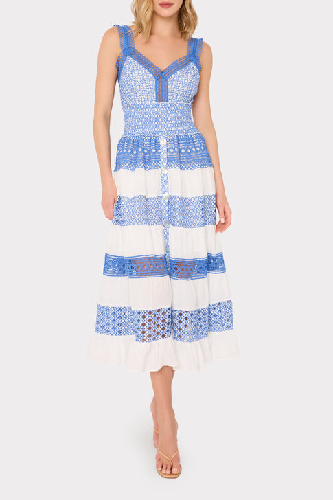 Blue White Tiered Crochet Cover-Up Dress - On Model Front View | MILLY