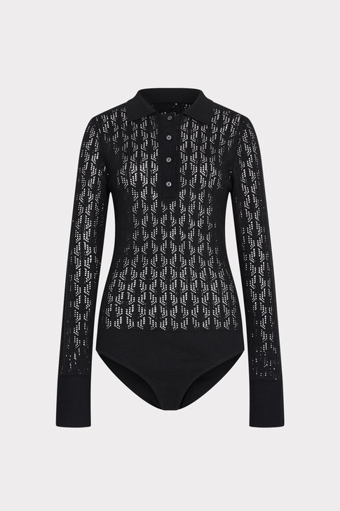 Black Pointelle Knit Bodysuit - Front Flat Lay | MILLY