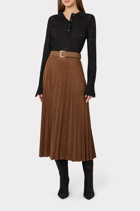 Black Pointelle Knit Bodysuit - On Model Styled with Pleated Midi Skirt | MILLY