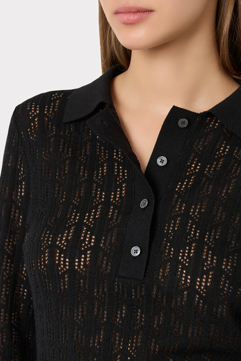 Black Pointelle Knit Bodysuit - Close-Up Collar and Button Detail | MILLY