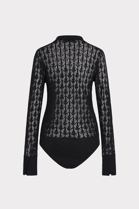 Black Pointelle Knit Bodysuit - Back View Flat Lay | MILLY