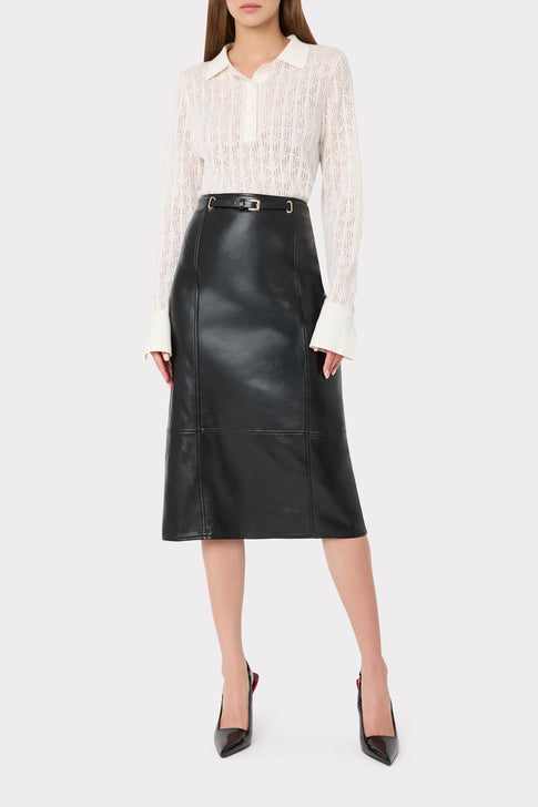 Ecru Pointelle Knit Bodysuit On Model, Styled with Black Leather Midi Skirt | MILLY