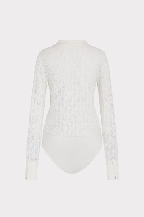 Ecru Pointelle Knit Bodysuit - Back View with Long Sleeves and Snap Closure | MILLY