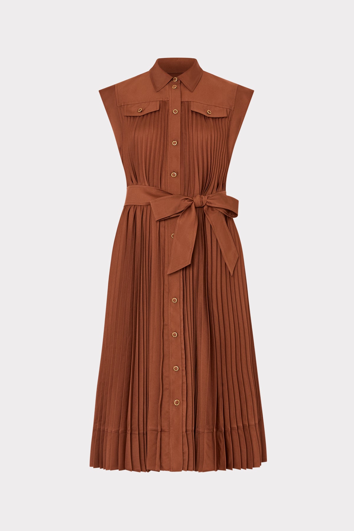 Brown pleated dress with a belt on a white background